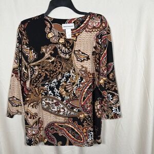 Alfred Dunner Top Women's Large Paisley Floral 3/4 Sleeve Stretch Blouse